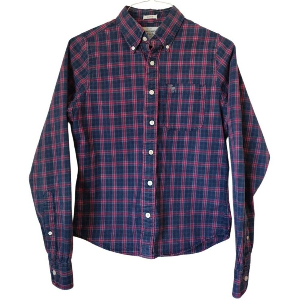 Abercrombie & Fitch Button Down Shirt Men S Blue Red Plaid Muscle Long Sleeves